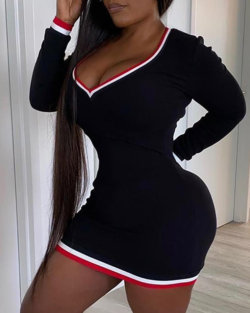 

Striped Contast Binding Bodycon Dress, Black