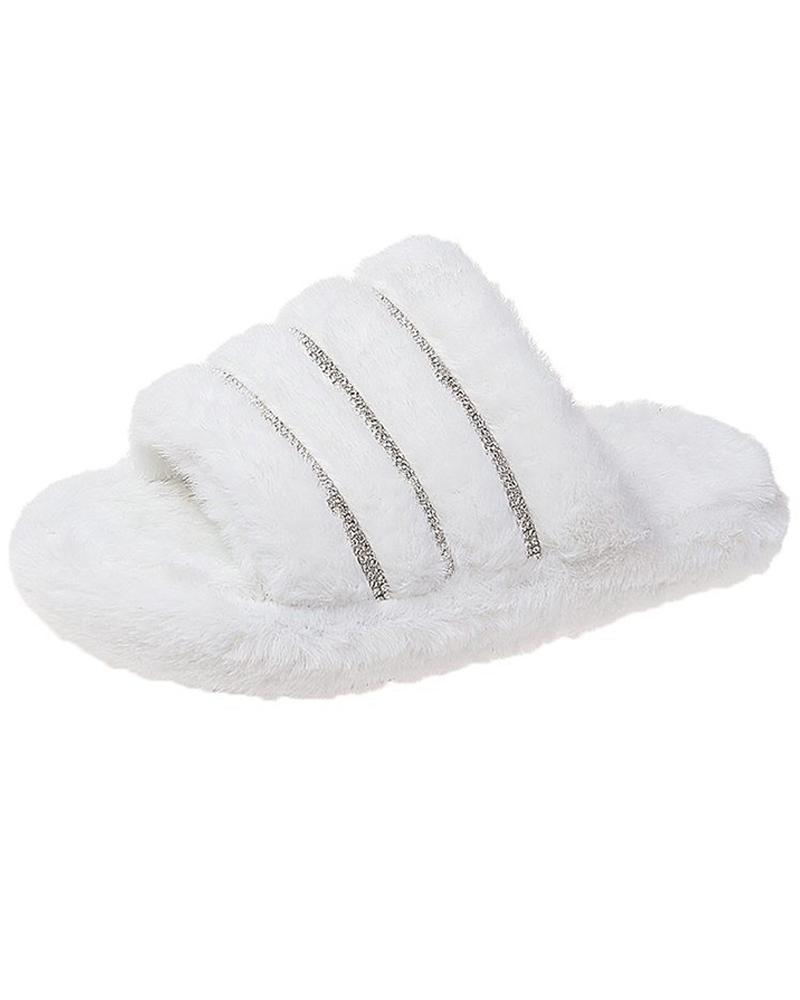 

Studded Plain / Tie Dye Print Fluffy Slippers, White