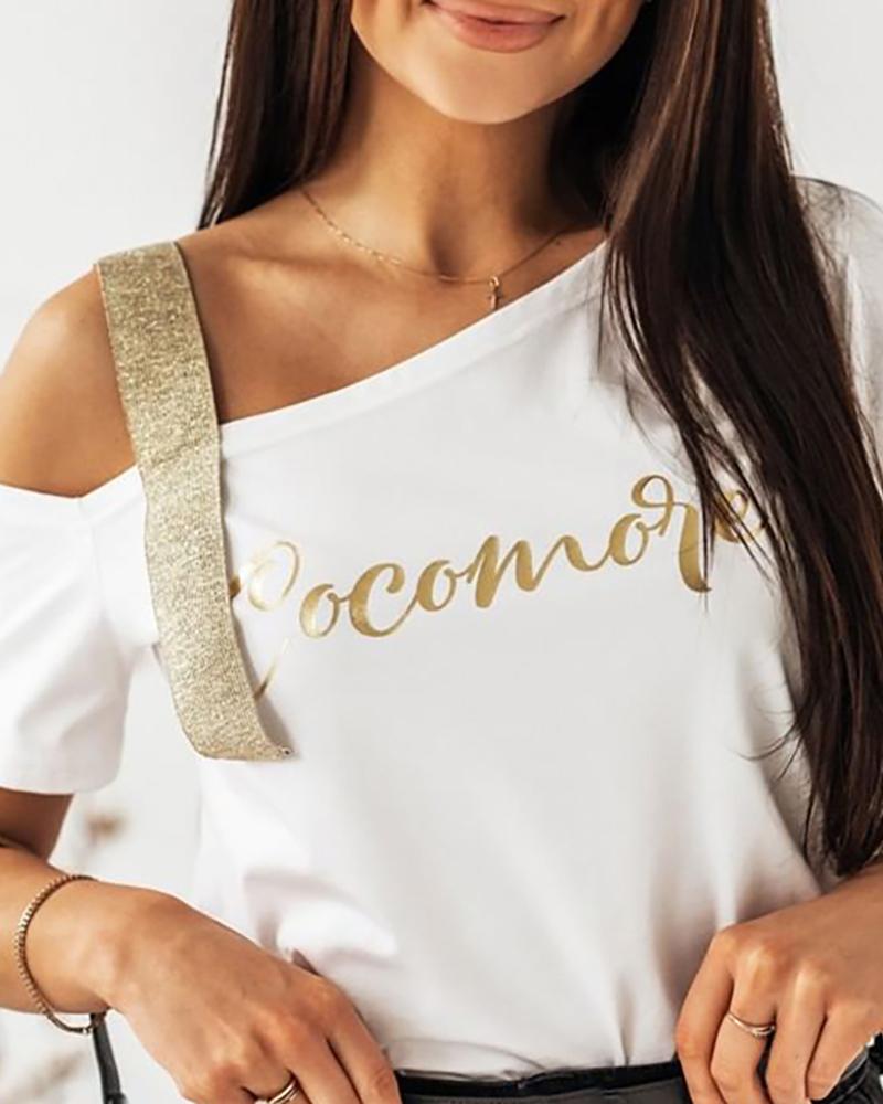 

One Shoulder Design Letter Print T-Shirt, White