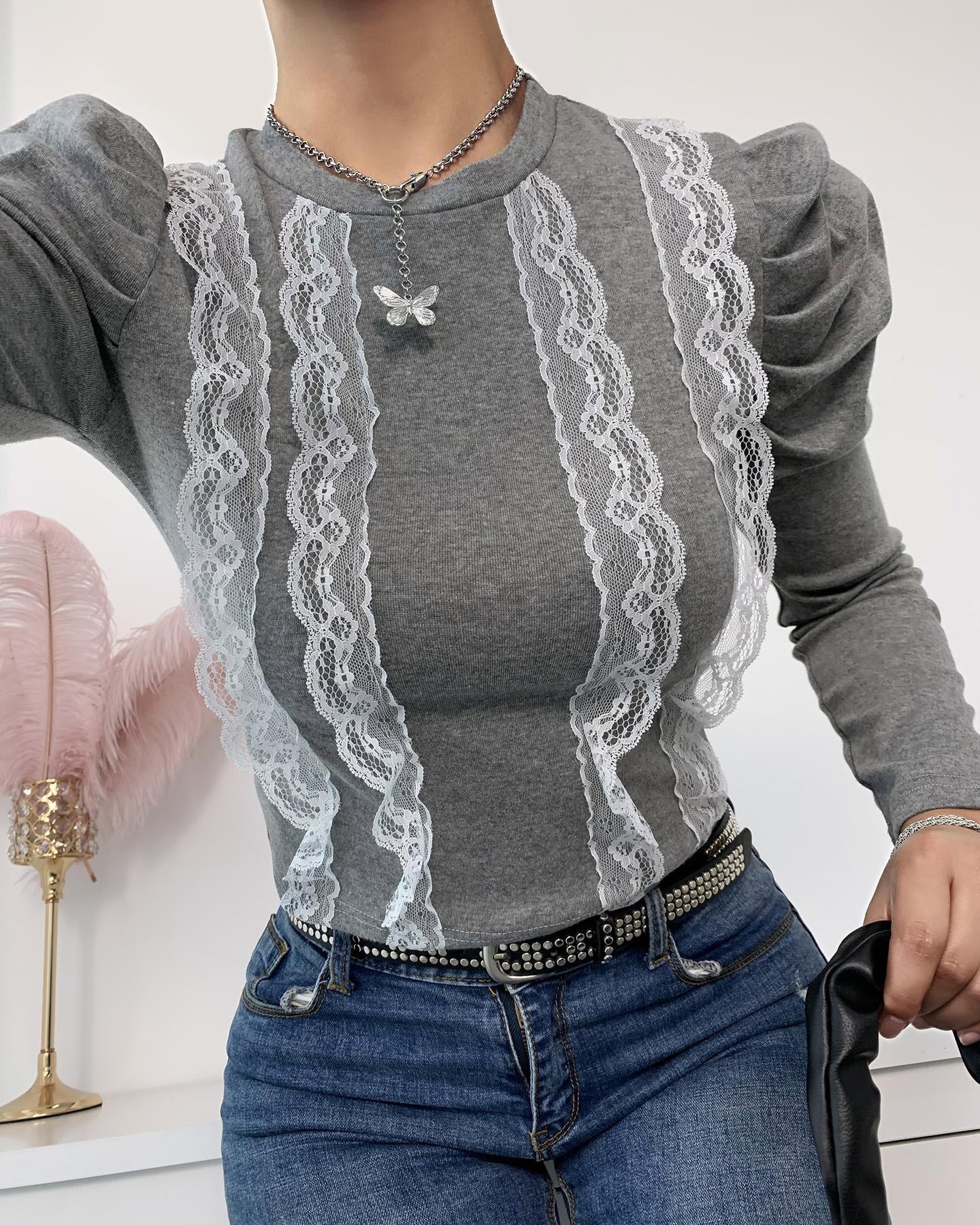 

Puffed Sleeve Lace Contrast Blouse, Gray