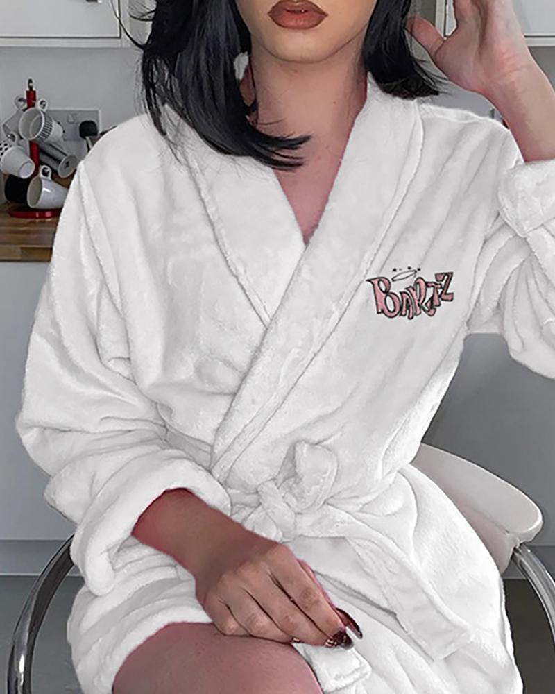 

Letter Print Self Belted Teddy Robe, White