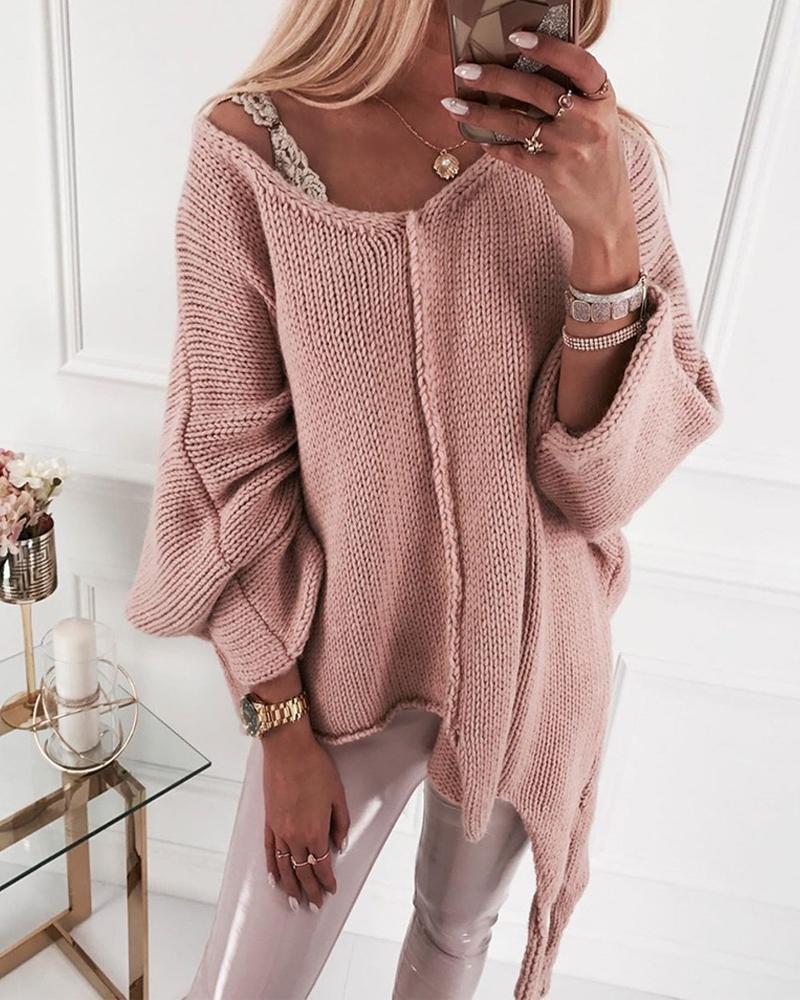 

Long Sleeve Irregular Knit Top, Pink