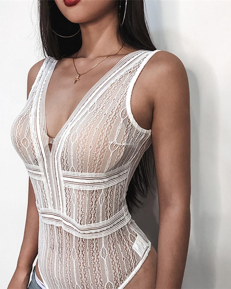 

Crochet Lace Thick Strap Teddy, White