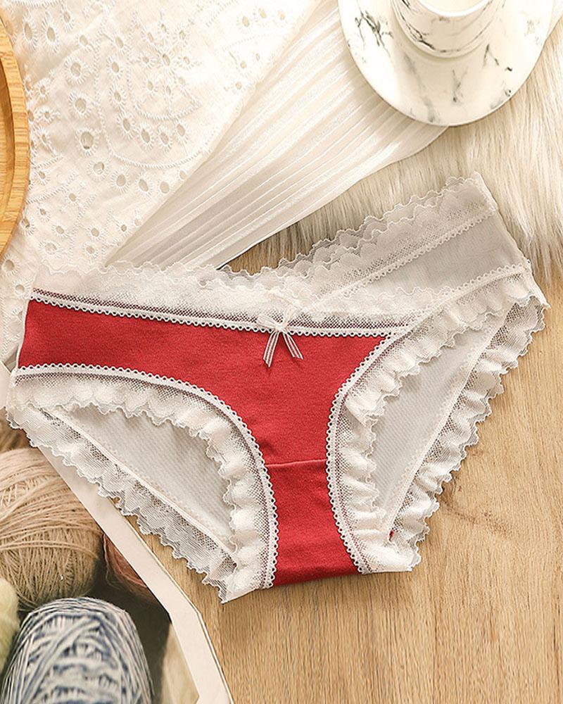 

Lace Trim Bowknot Front Sheer Mesh Panty, Red