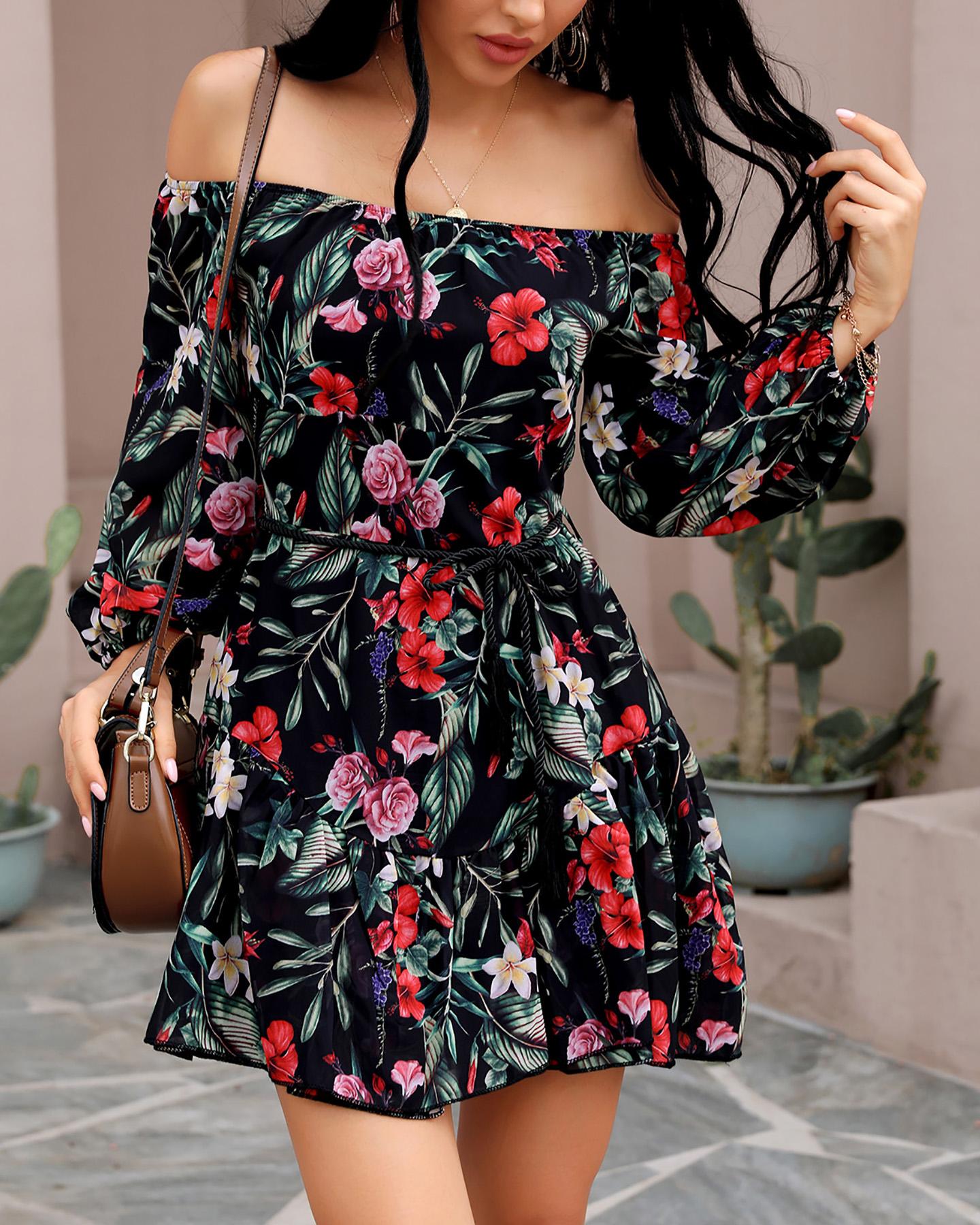 

Floral Print Off Shoulder Ruffles Dress, Black