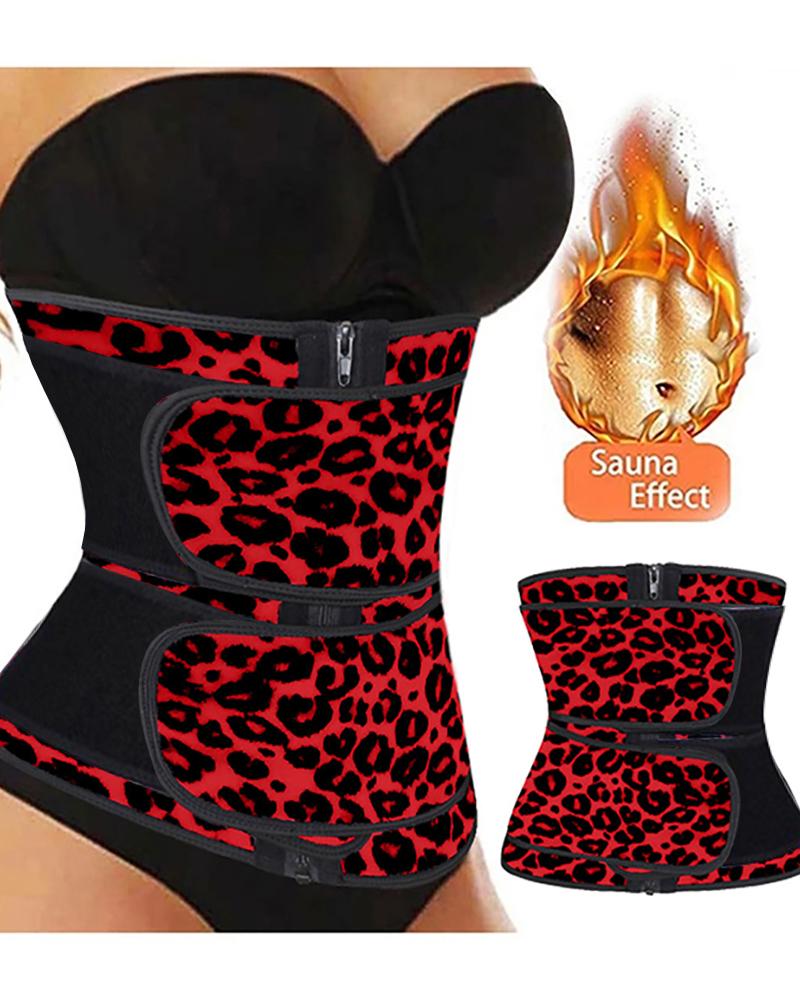 

Floral Leopard Snakeskin Print Compression Double Strap Latex Waist Trainer, Red