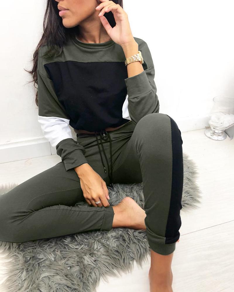 

Round Neck Colorblock Insert Top & Drawstring Pants Sets, Green