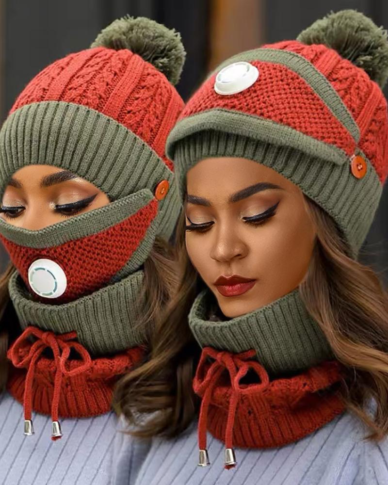 

Knit Pom Pom Beanie With Scarf & Vavle Face Mask, Army green