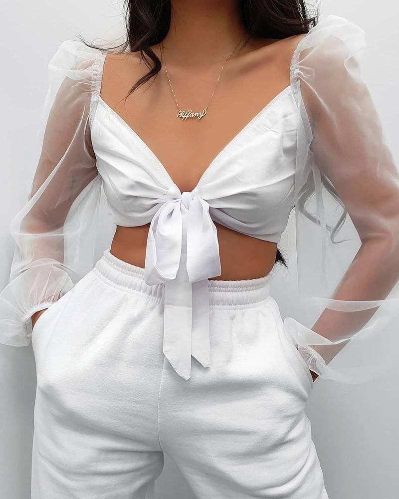 

Sheer Mesh Puff Lantern Sleeve Tie Front Top, White