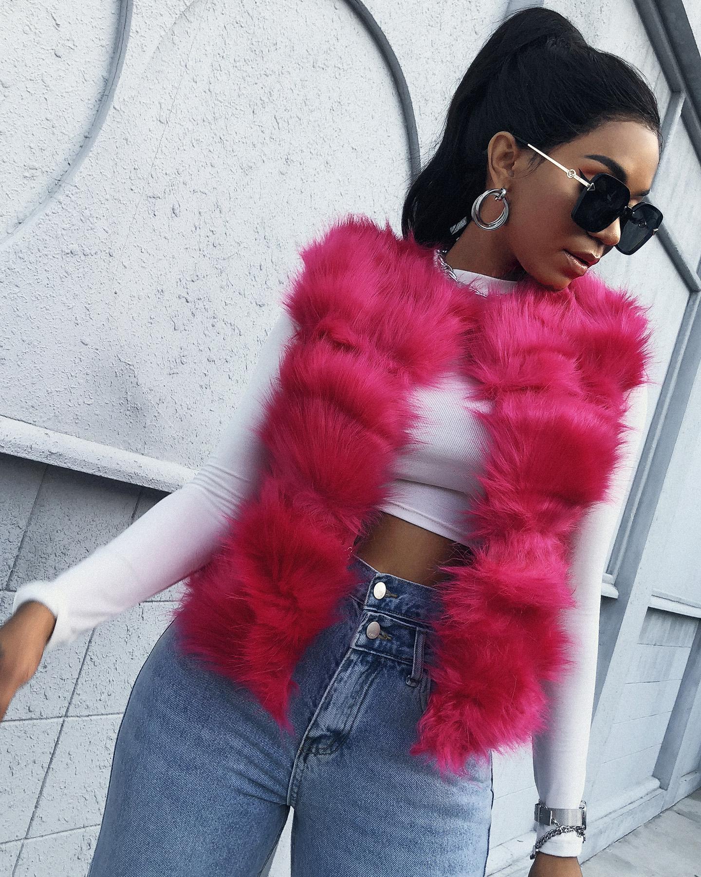 

Plain Fluffy Faux Fur Vest, Hot pink