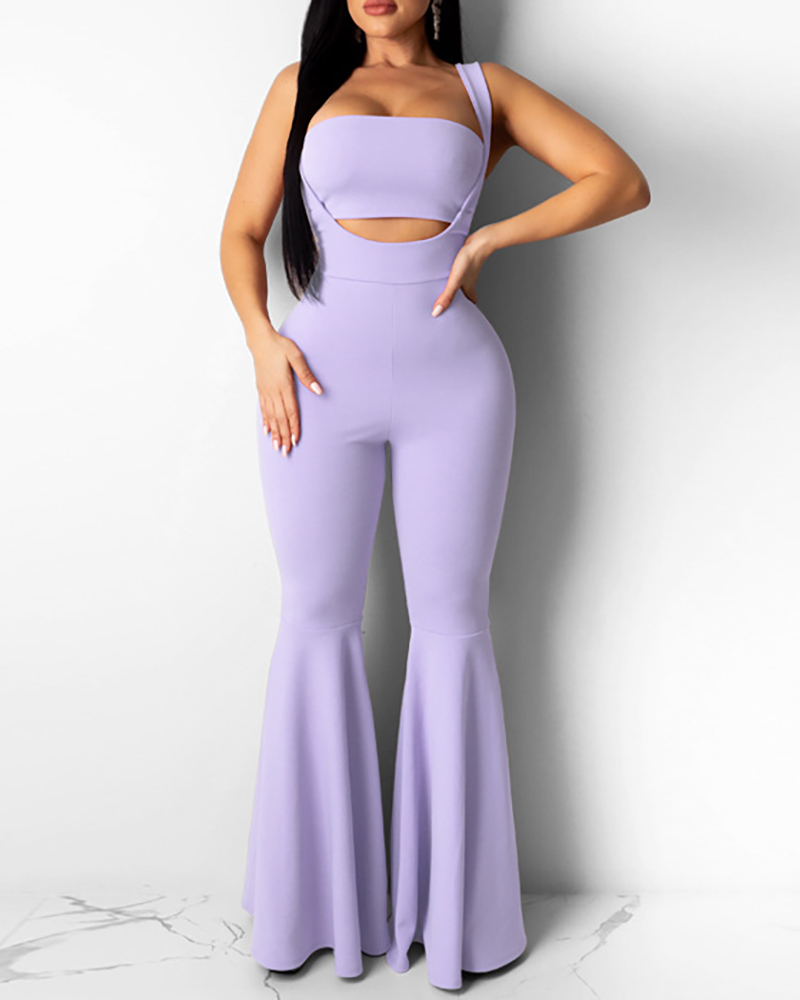 

Solid Bandeau Top & Bell-bottomed Jumpsuit Set, Purple