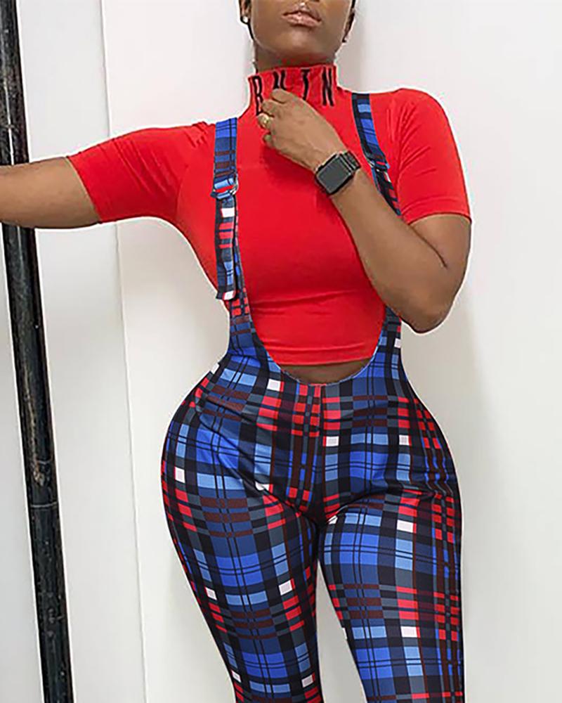 

Plaid Print Buckled Bootcut Suspender Pants, Blue