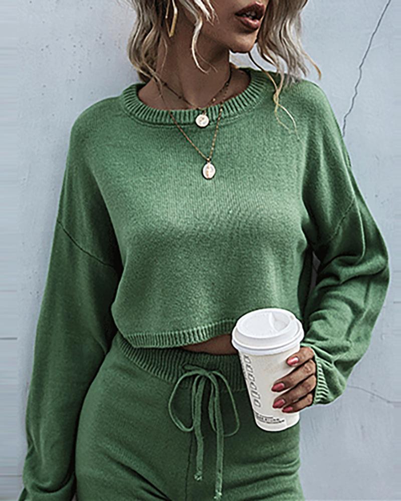 

Plain Long Sleeve Knit Sweater & Drawstring Shorts Set, Green