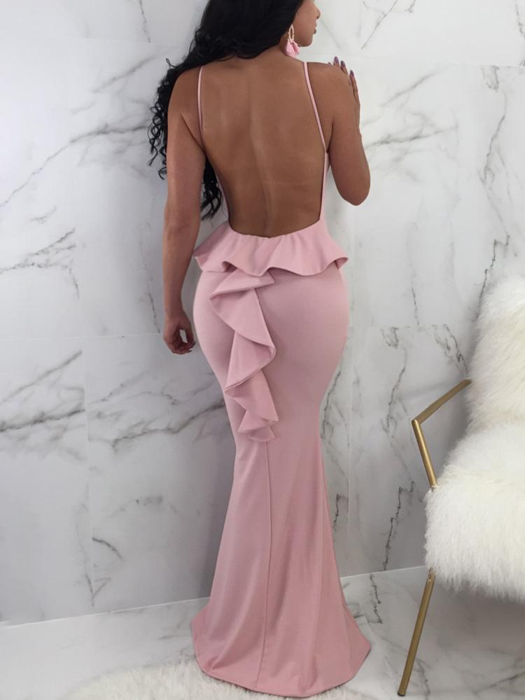 solid ruffles backless fishtail maxi dress