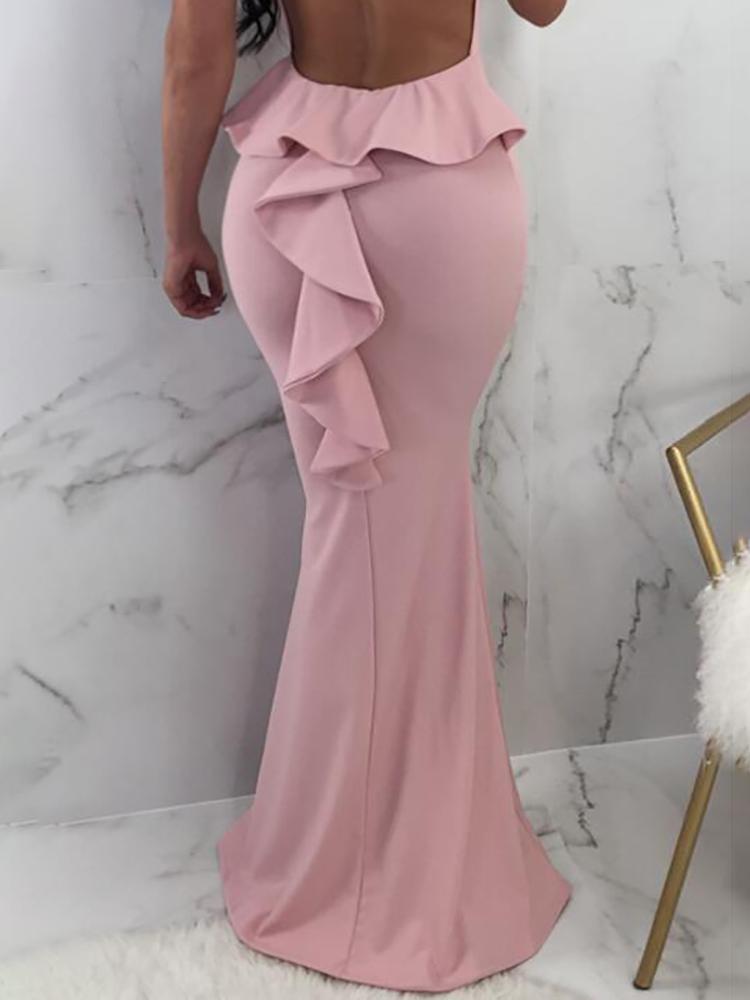 solid ruffles backless fishtail maxi dress
