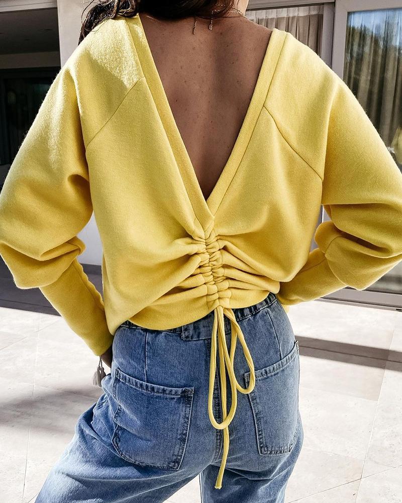 

Plain Drawstring Back Long Sleeve Sweatshirt, Yellow