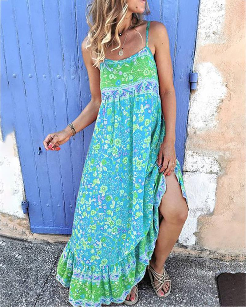 

Spaghetti Strap Print Maxi Dress, Green
