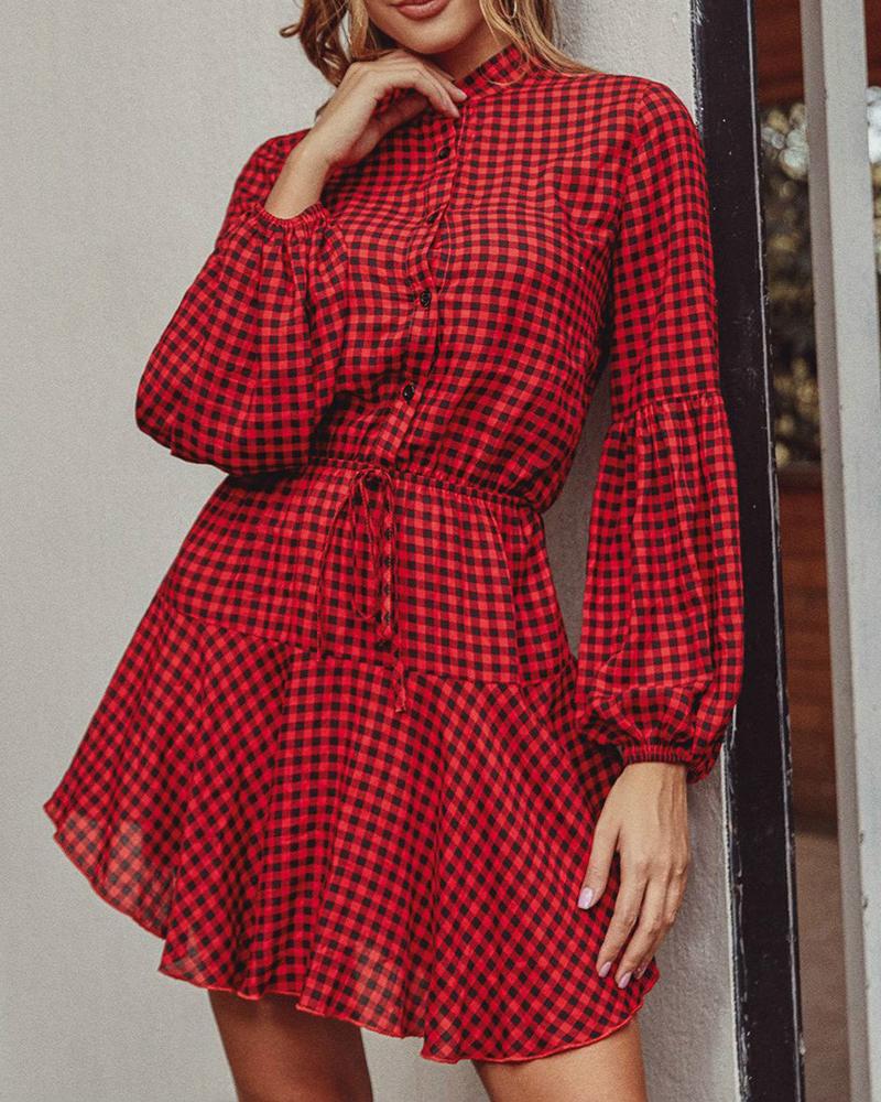 

Plaid Lantern Sleeve Button Design Ruffle Hem Women Dress, Red