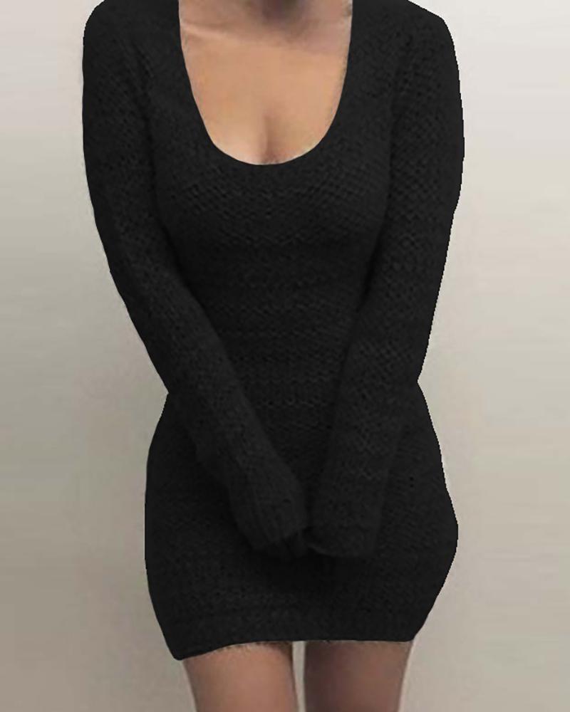 

Solid Long Sleeve Knit Bodycon Women Dress, Black
