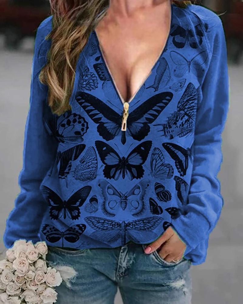 

Butterfly Print Zipper Front Long Sleeve Top, Blue