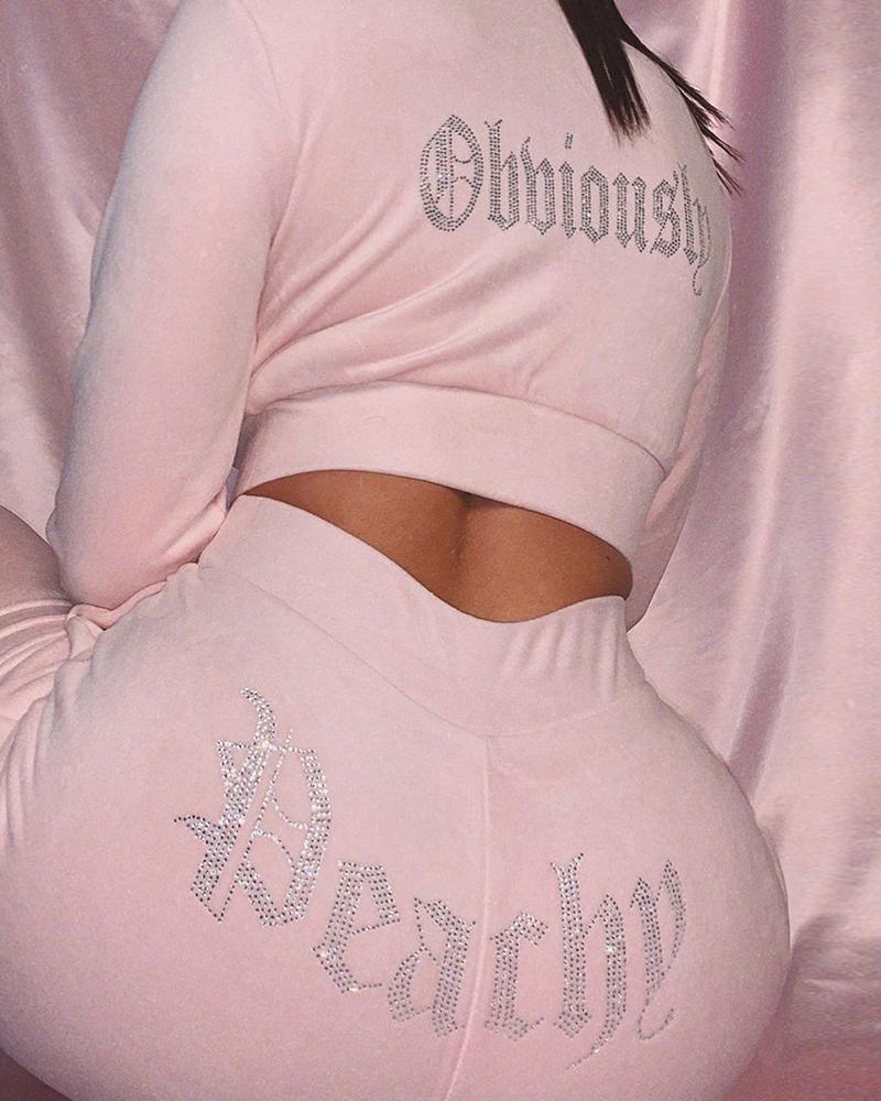 

Studded Letter Panttern Crop Top & High Waist Shorts Set, Pink