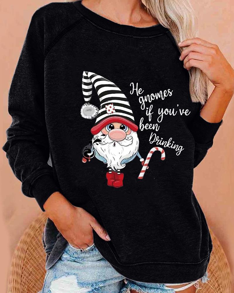 

Christmas Santa Print Long Sleeve Sweatshirt, Black