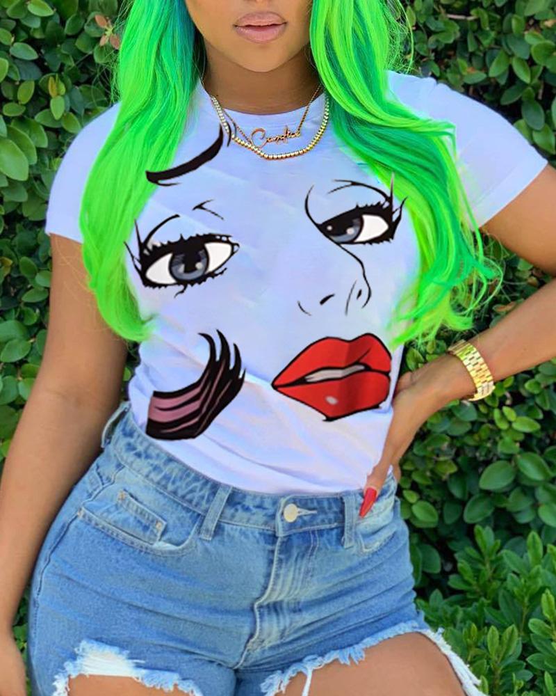 

Figure Print Short Sleeve Casual T-shirt, White