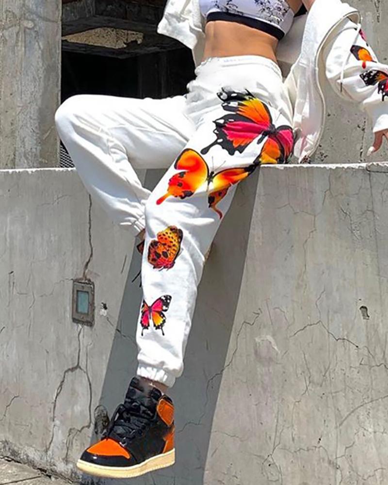 

Butterfly Print High Waist Cuff Sweatpants, White