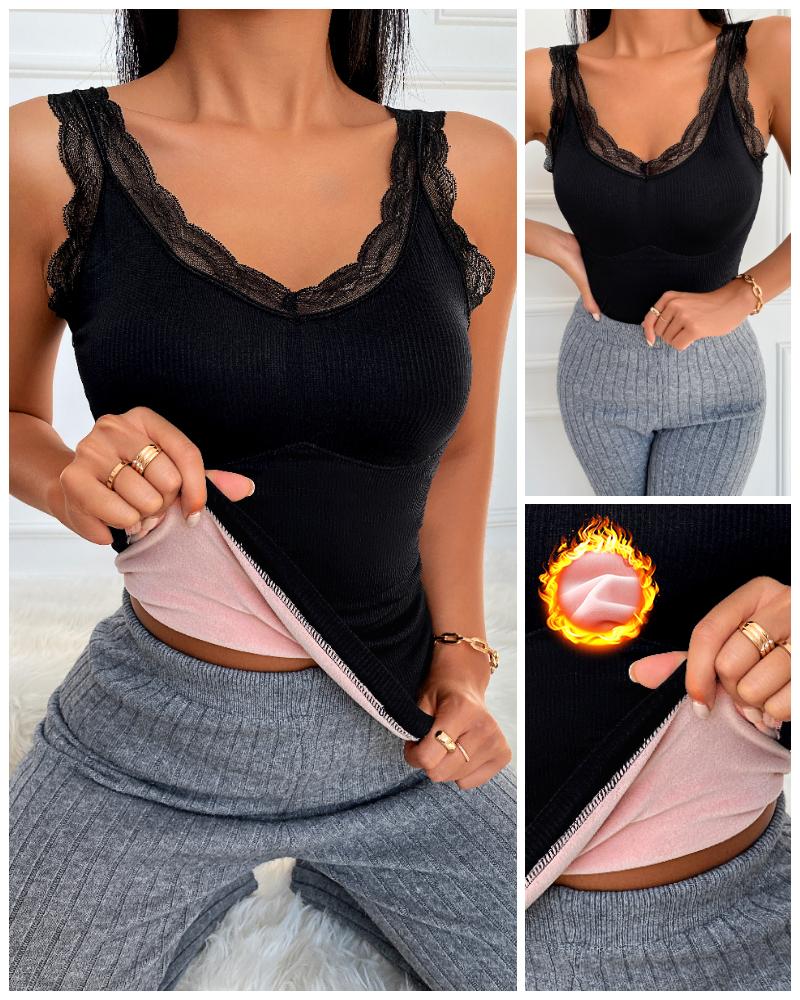 

Super Thick Lace Trim Padded Tank Thermal Vest Undershirt, Black