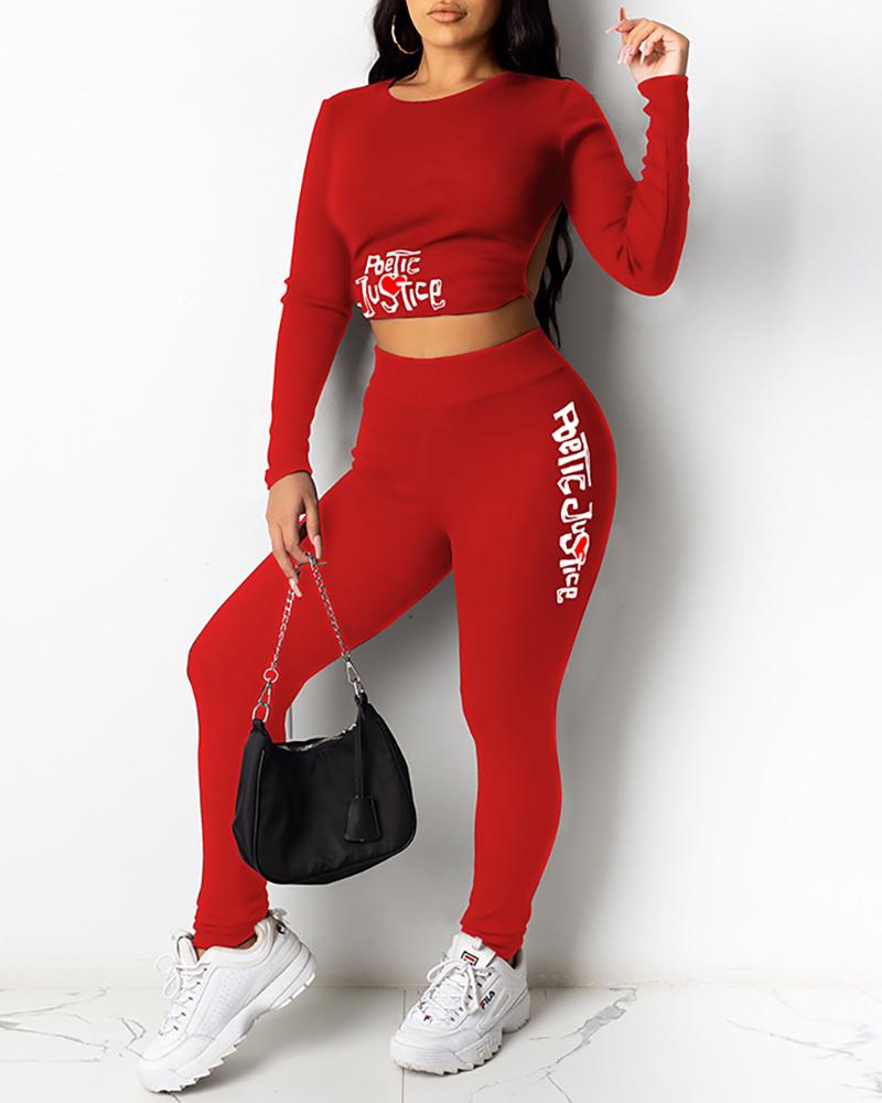 

Letter Print Backless Crop Top & High Waist Pants Set, Red