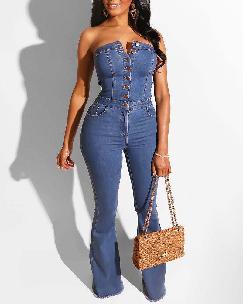 off shoulder denim jumpsuit