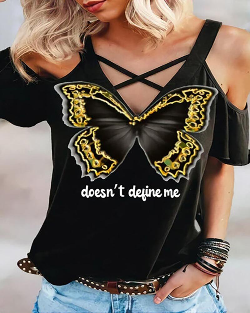 

Cold Shoulder Butterfly Letter Print Bandage Top, Black
