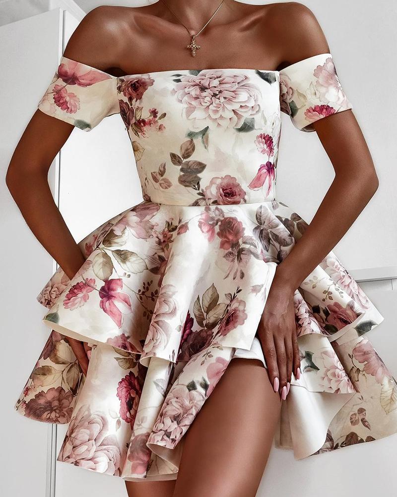 

Layered Ruffles Off Shoulder Floral Print Dress, Beige