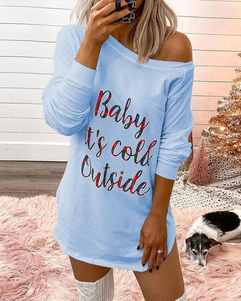 

Letter Print Long Sleeve Casual Dress, Blue
