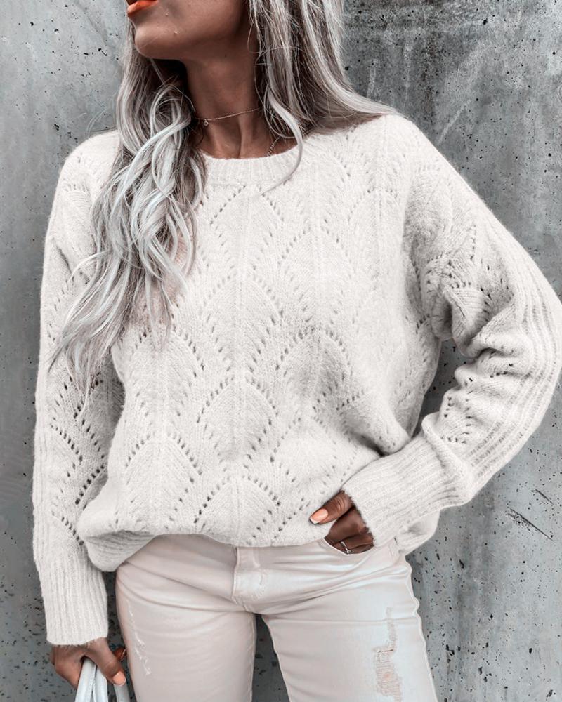 

Plain Hollow Out Long Sleeve Sweater, White