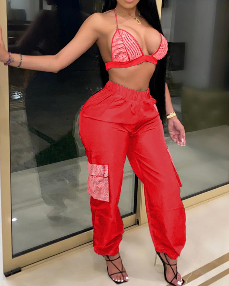

Studded Colorblock Halter Top & Pants Set, Red