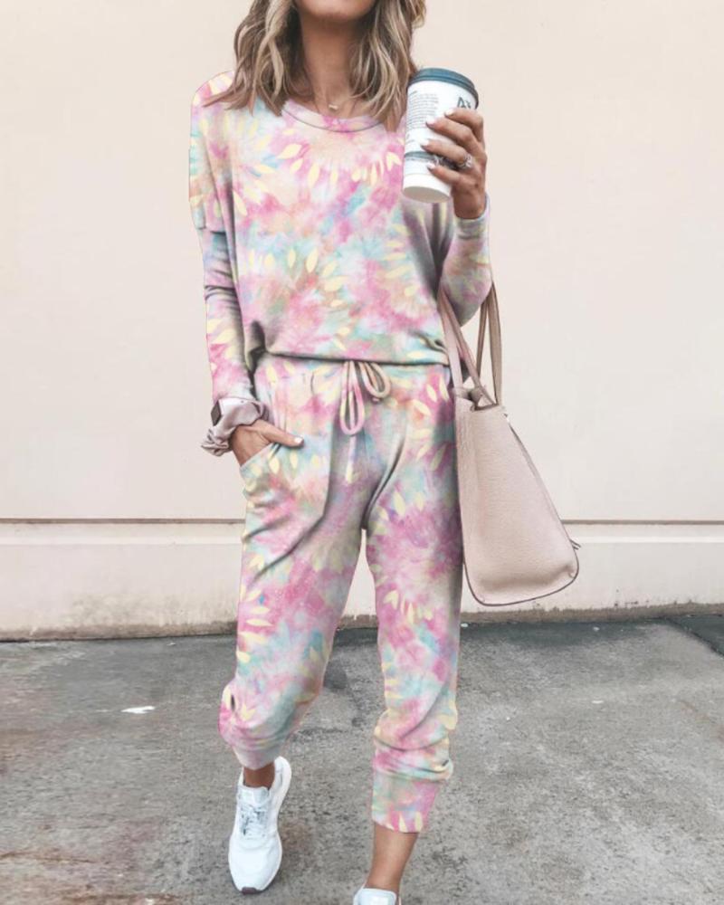 

Tie Dye Daisy Print Women Top & Drawstring Pants Set, Pink