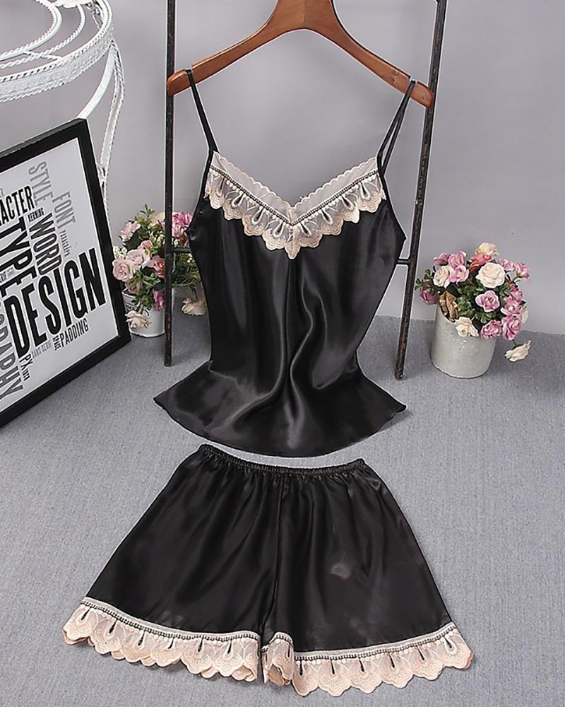 

Spaghetti Strap Lace Trim Cami Set, Black