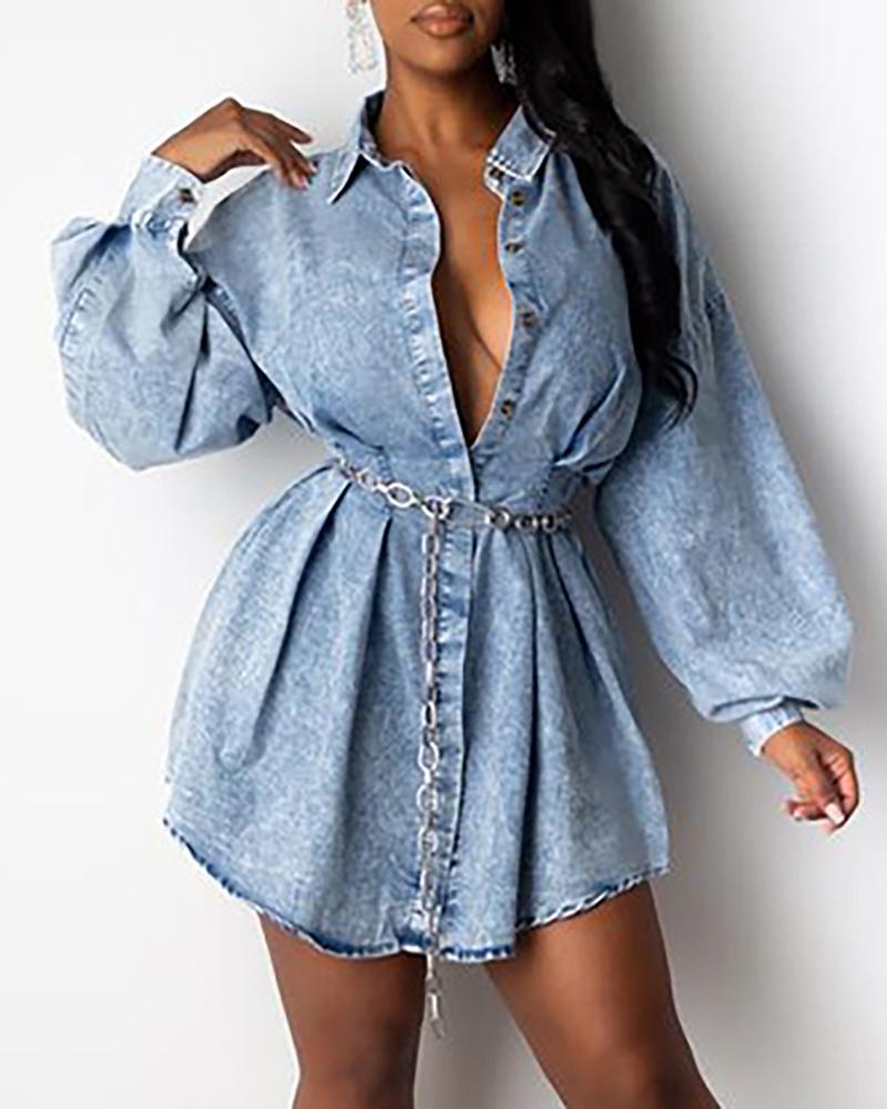 

Lantern Sleeve Button Design Denim Shirt Dress, Blue