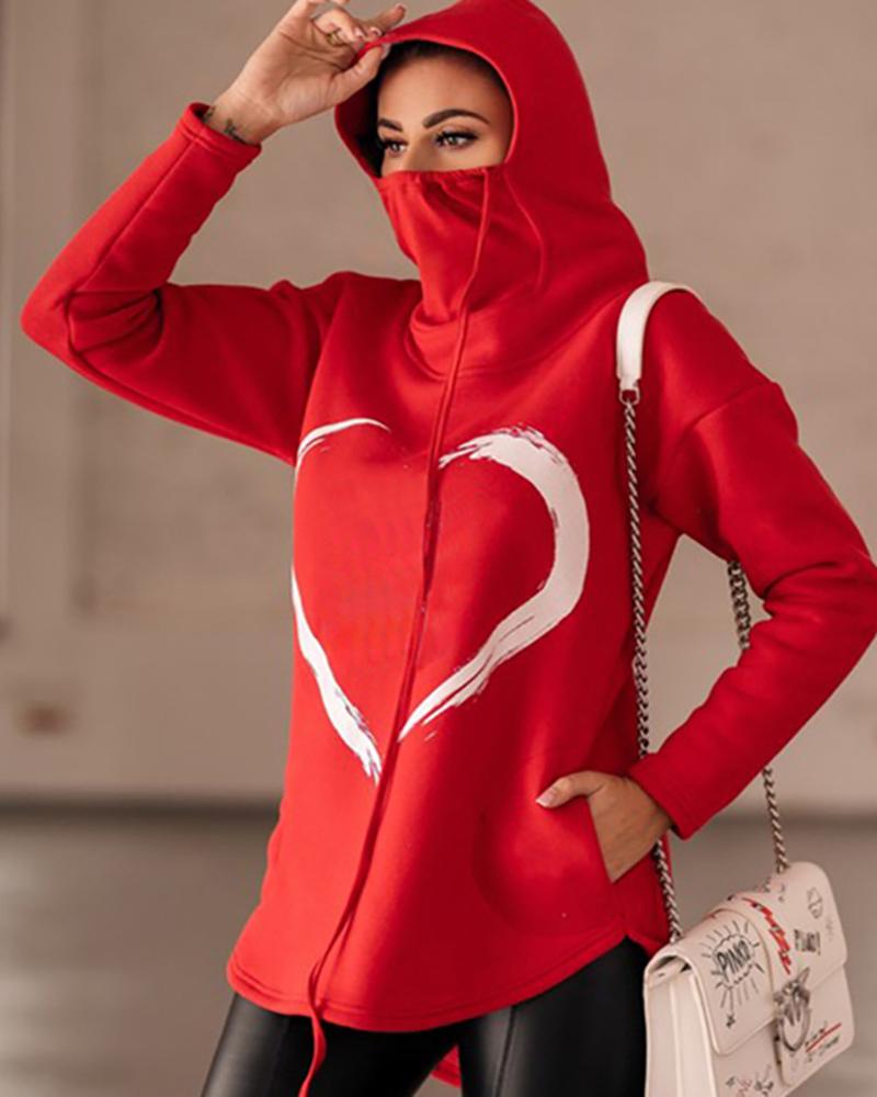 

Heart Print High Neck Hoodie, Red