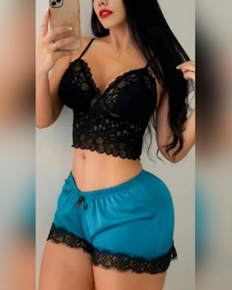 

Solid Lace Patchwork Strap Tanks With Lace Shorts Sexy Sets, Blue