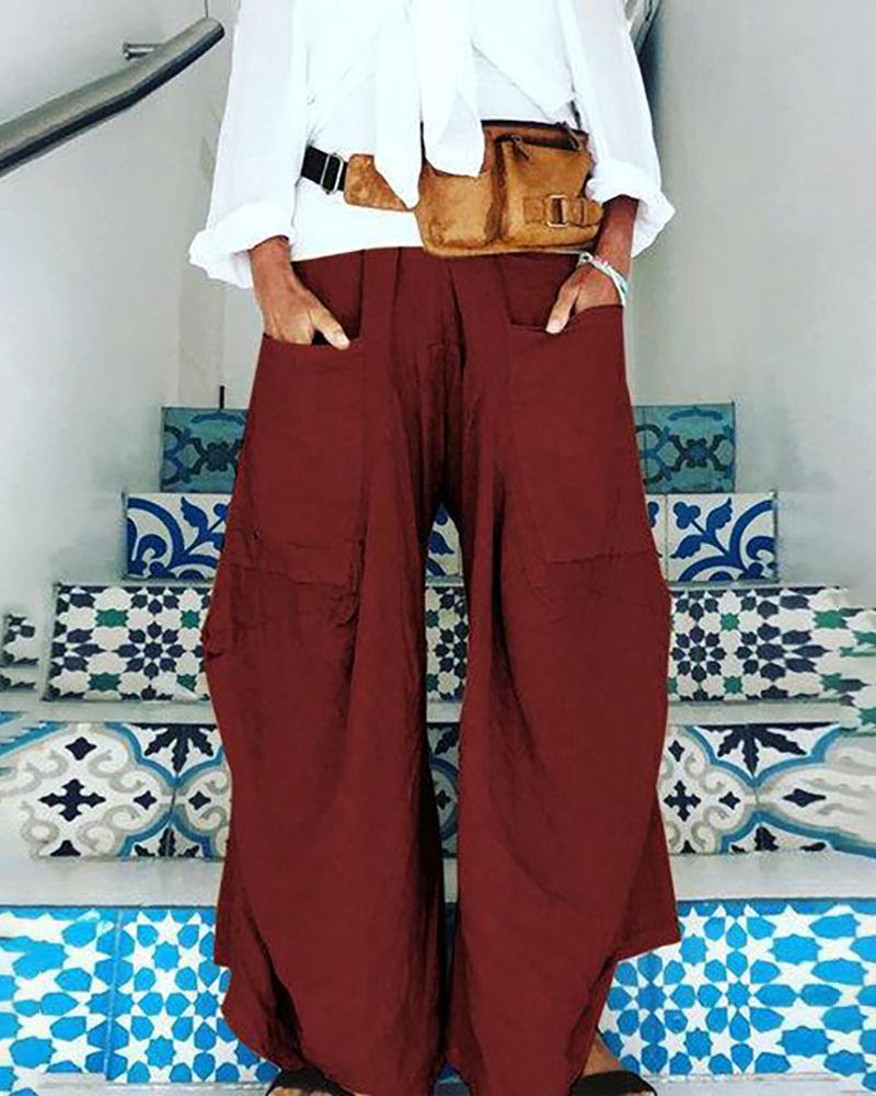 

Pocket Design Wide Leg Casual Pants, Wine red