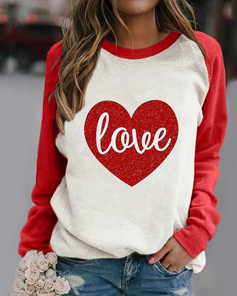 

Heart Print Long Sleeve Colorblock T-shirt, Red