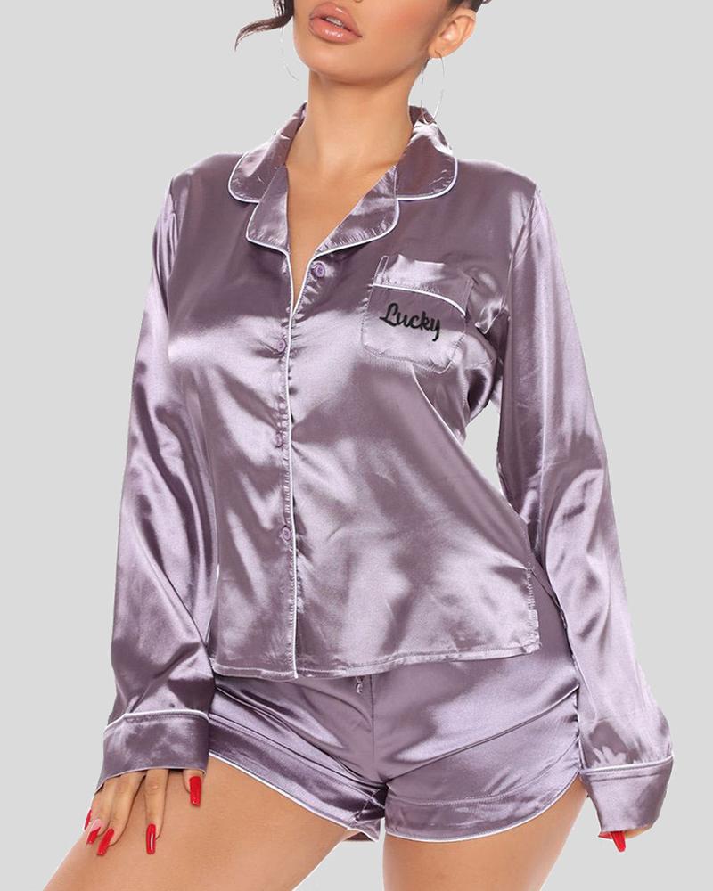 

Letter Print Button Front Satin Pajamas Set, Purple