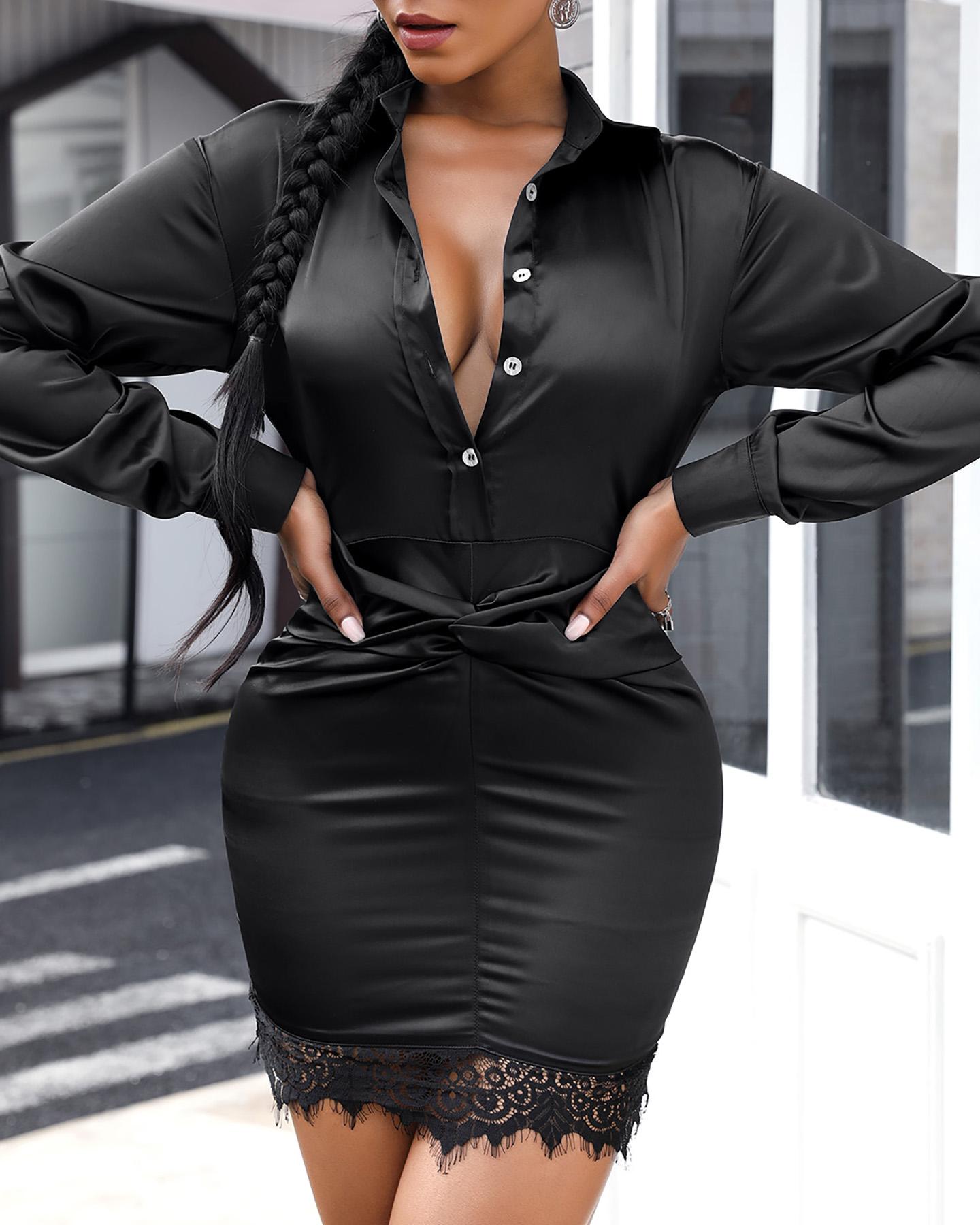 

Eyelash Lace Trim Satin Twisted Women Shirt Dress, Black