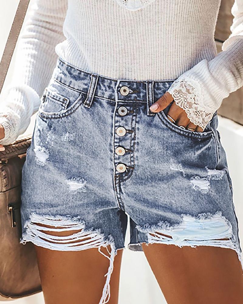 

Ripped Button Design Denim Shorts, Blue