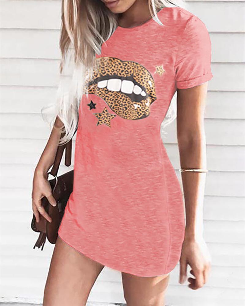 

Star Lip Leopard Print Casual Women Dress, Pink