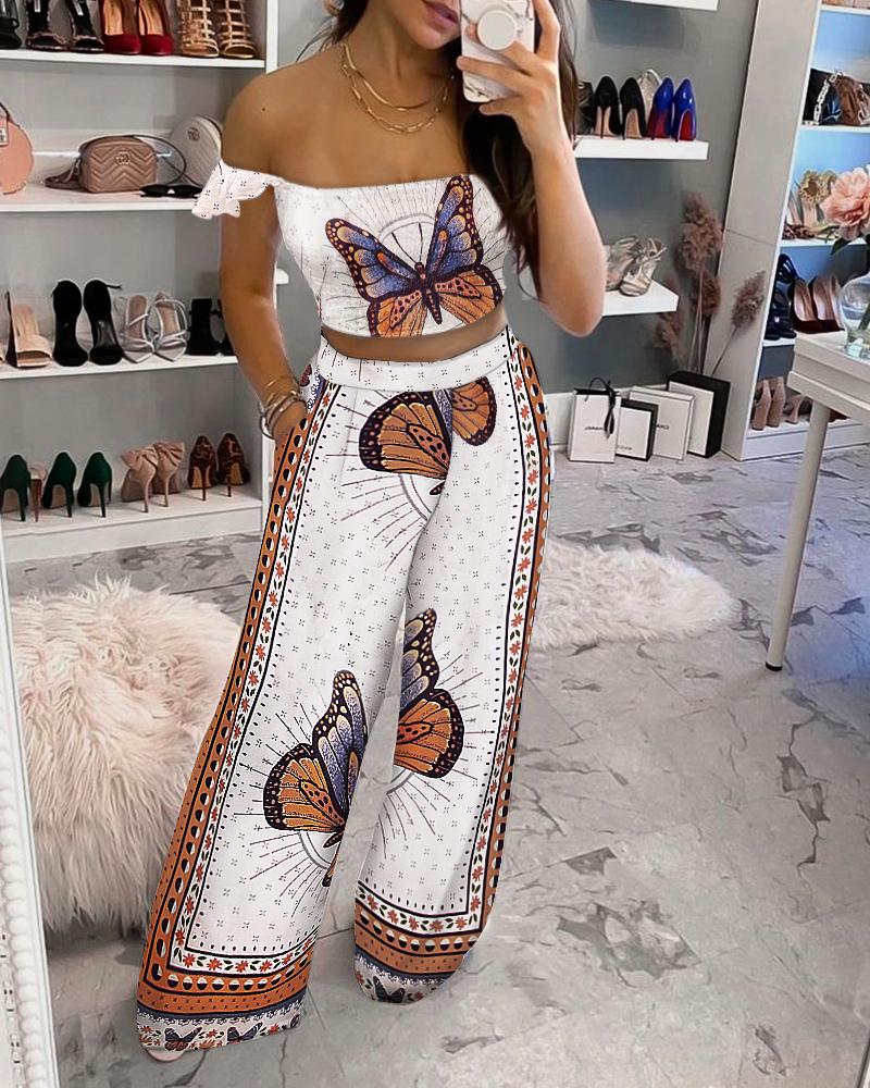 

Butterfly Print Ruffles Top & Pocket Design Pants Set, White