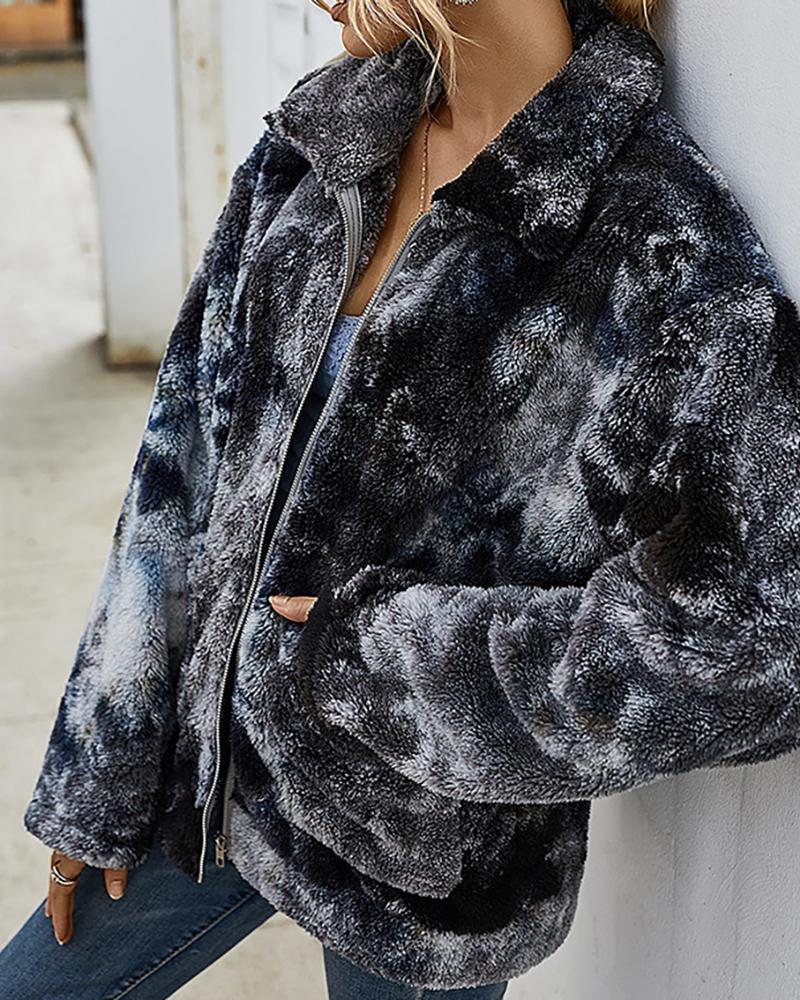 

Tie Dye Print Fluffy Pockets Teddy Coat, Black