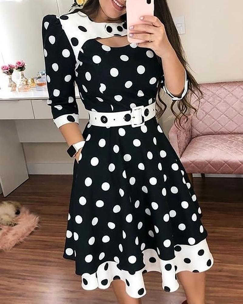 

Polkadot Print Cutout Puff Sleeve Dress, Black